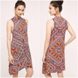 Anthropologie Maeve Lilt Red Geometric Print Swing Dress High Neck Size Large